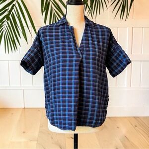 Madewell XS Blue Plaid Short Sleeve Popover Shirt 100% Cotton
